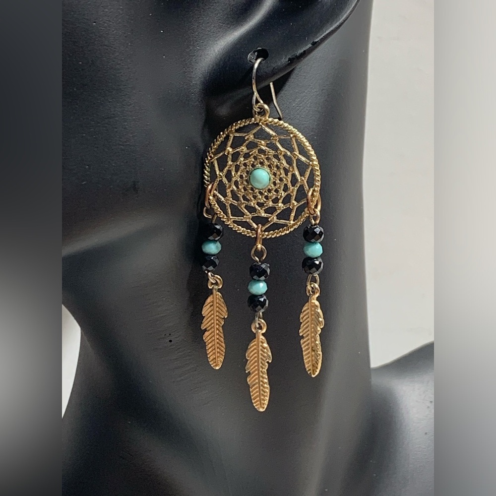 Turquoise and black beaded gold dream catcher earrings on gold hooks.